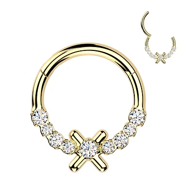 316L Surgical Steel Gold PVD White CZ Dainty X Hinged Clicker Hoop