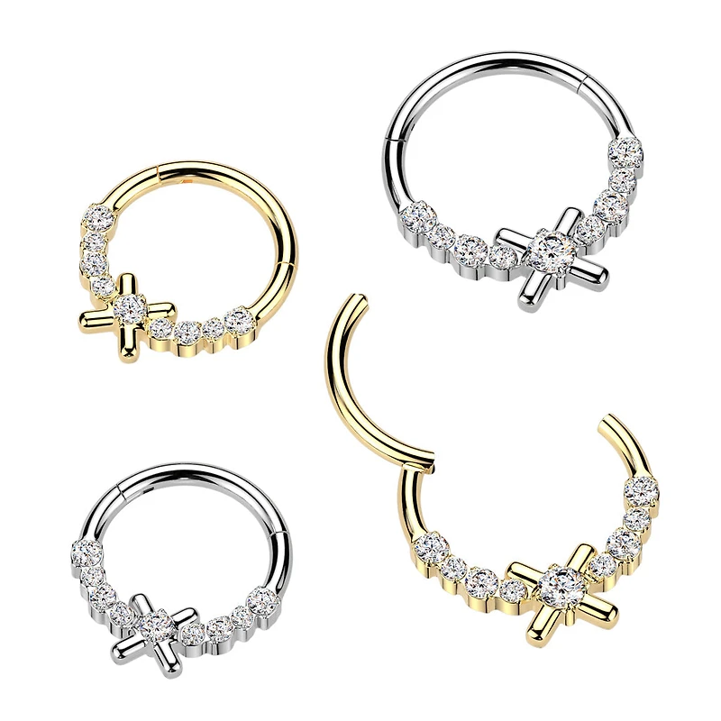 316L Surgical Steel Gold PVD White CZ Dainty X Hinged Clicker Hoop