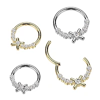 316L Surgical Steel Gold PVD White CZ Dainty X Hinged Clicker Hoop