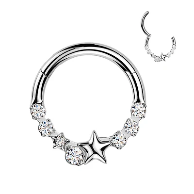 316L Surgical Steel White CZ Dainty Star Hinged Clicker Hoop