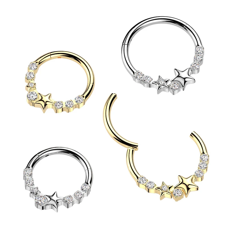 316L Surgical Steel Gold PVD White CZ Dainty Star Hinged Clicker Hoop