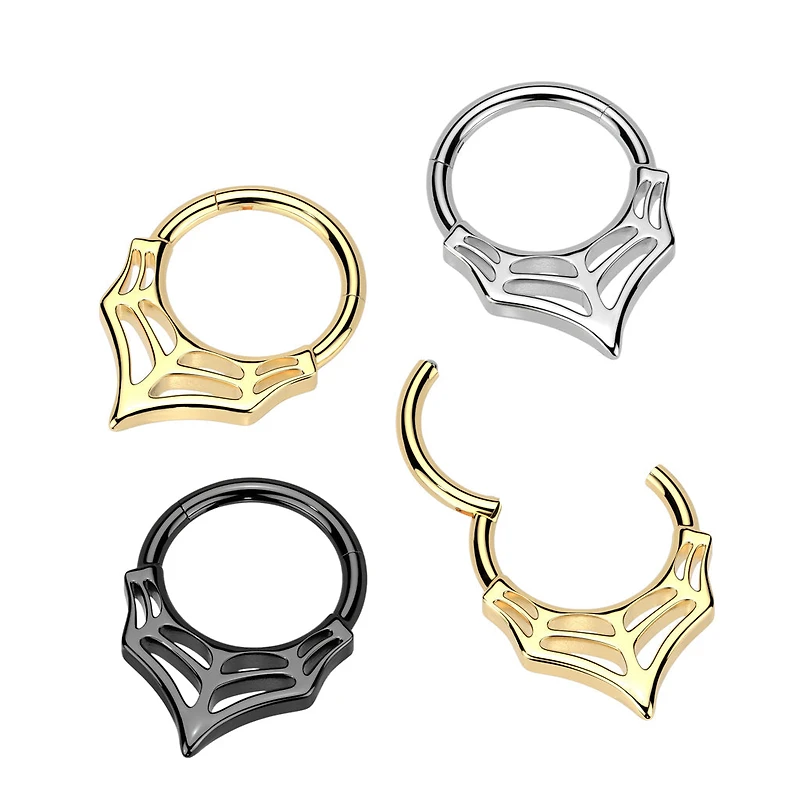 316L Surgical Steel Gold PVD V Shaped Spider Web Spooky Hinged Clicker Hoop