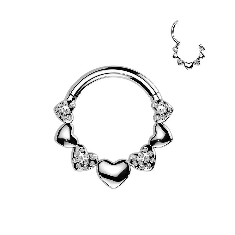 316L Surgical Steel Dainty Heart Textured Design Hinged Clicker Hoop