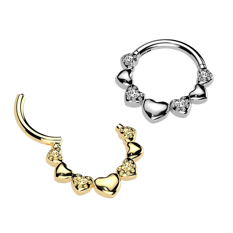 316L Surgical Steel Gold PVD Dainty Heart Textured Design Hinged Clicker Hoop