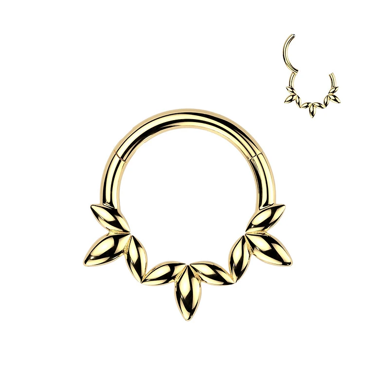 316L Surgical Steel Gold PVD Dainty Floral Petal Design Hinged Clicker Hoop
