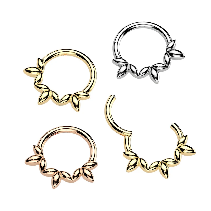 316L Surgical Steel Rose Gold PVD Dainty Floral Petal Design Hinged Clicker Hoop