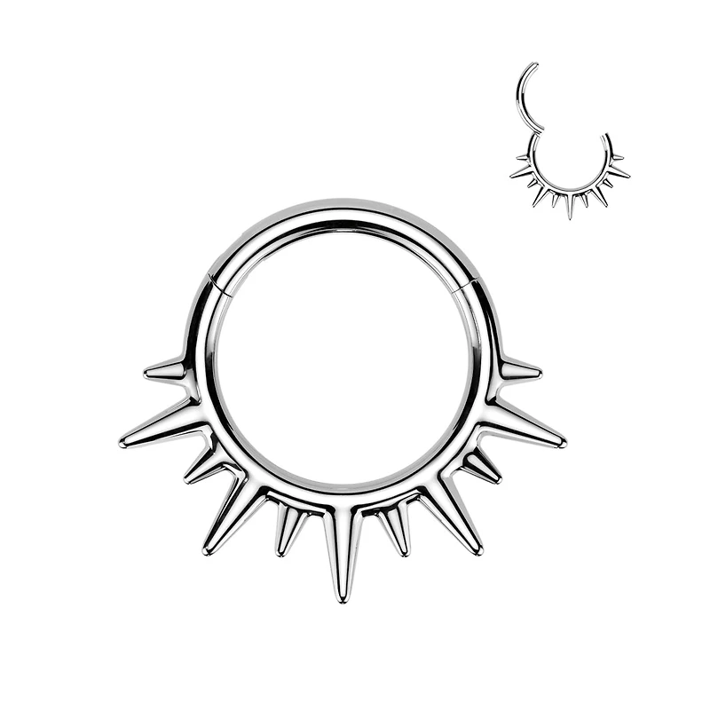 316L Surgical Steel Dainty Wide Flare Spikes Hinged Clicker Hoop