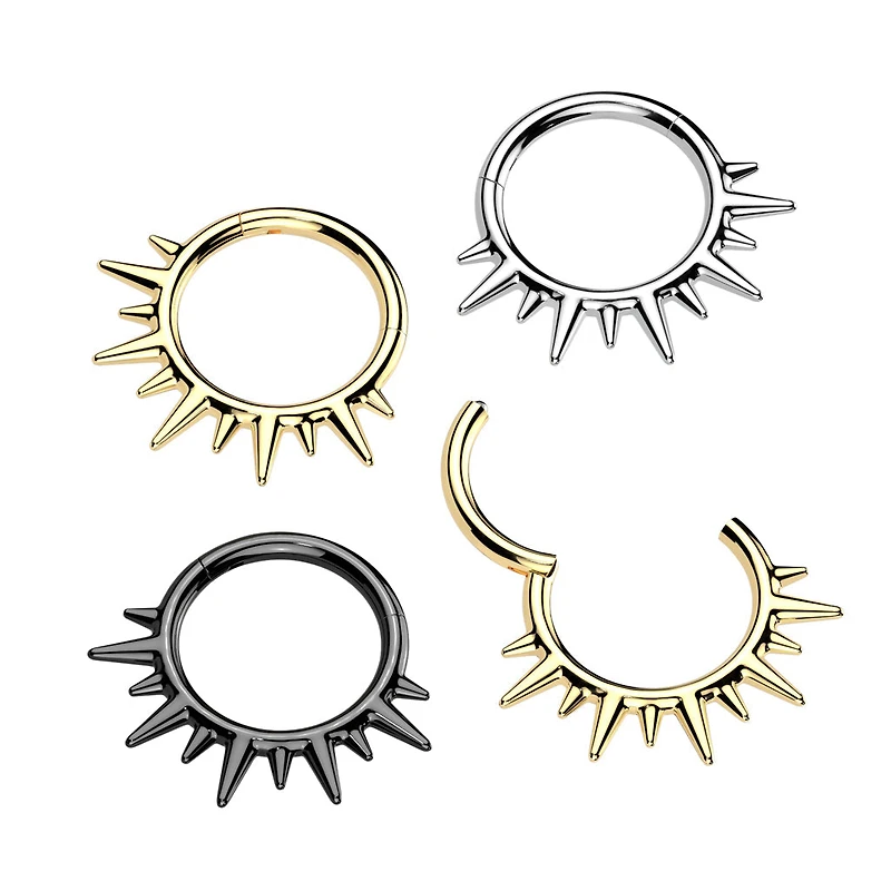 316L Surgical Steel Black PVD Dainty Wide Flare Spikes Hinged Clicker Hoop