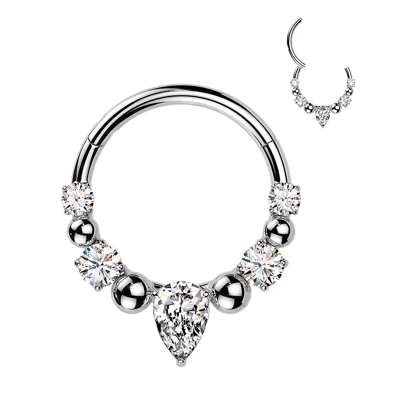 316L Surgical Steel White CZ Gem Teardrop Beaded Side Facing Hinged Clicker Hoop