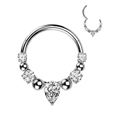 316L Surgical Steel White CZ Gem Teardrop Beaded Side Facing Hinged Clicker Hoop