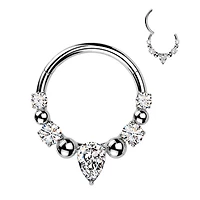 316L Surgical Steel White CZ Gem Teardrop Beaded Side Facing Hinged Clicker Hoop