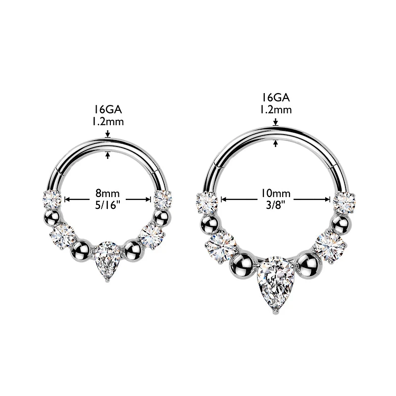 316L Surgical Steel Gold PVD White CZ Gem Teardrop Beaded Side Facing Hinged Clicker Hoop