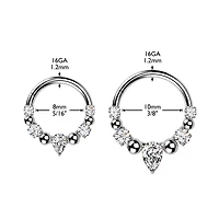316L Surgical Steel Gold PVD White CZ Gem Teardrop Beaded Side Facing Hinged Clicker Hoop