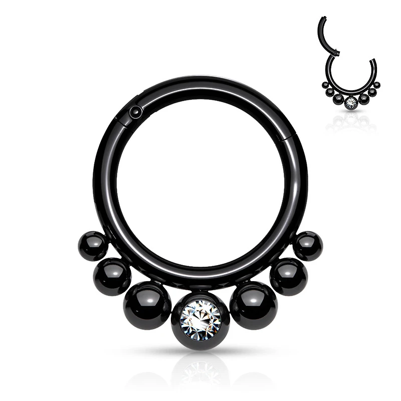 316L Surgical Steel Black PVD 7 Bead White CZ Hinged Clicker Hoop