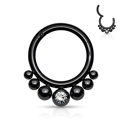 316L Surgical Steel Black PVD 7 Bead White CZ Hinged Clicker Hoop