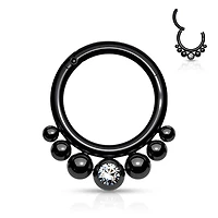316L Surgical Steel Black PVD 7 Bead White CZ Hinged Clicker Hoop