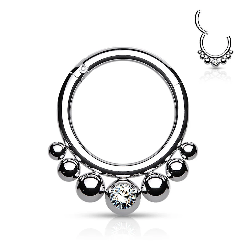 316L Surgical Steel 7 Bead White CZ Hinged Clicker Hoop