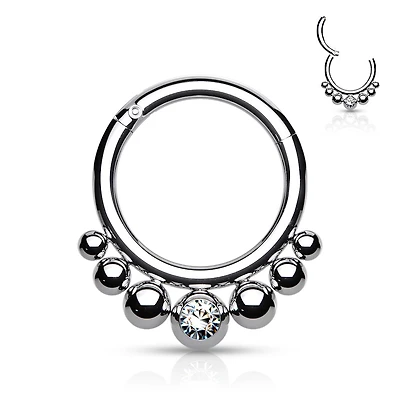 316L Surgical Steel 7 Bead White CZ Hinged Clicker Hoop