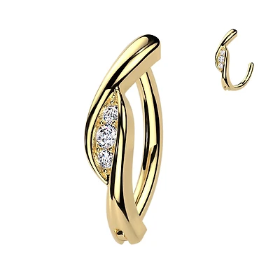 316L Surgical Steel Gold PVD White CZ Twisted Hinged Clicker Belly Ring