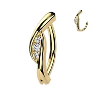 316L Surgical Steel Gold PVD White CZ Twisted Hinged Clicker Belly Ring