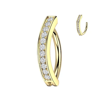 316L Surgical Steel Gold PVD White CZ Single Line Pave Hinged Clicker Belly Ring