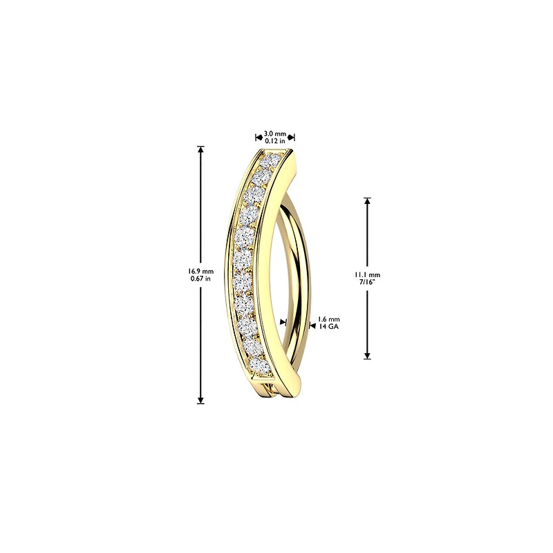 316L Surgical Steel Gold PVD White CZ Single Line Pave Hinged Clicker Belly Ring