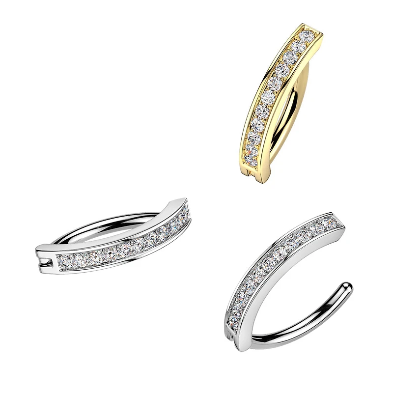 316L Surgical Steel Gold PVD White CZ Single Line Pave Hinged Clicker Belly Ring