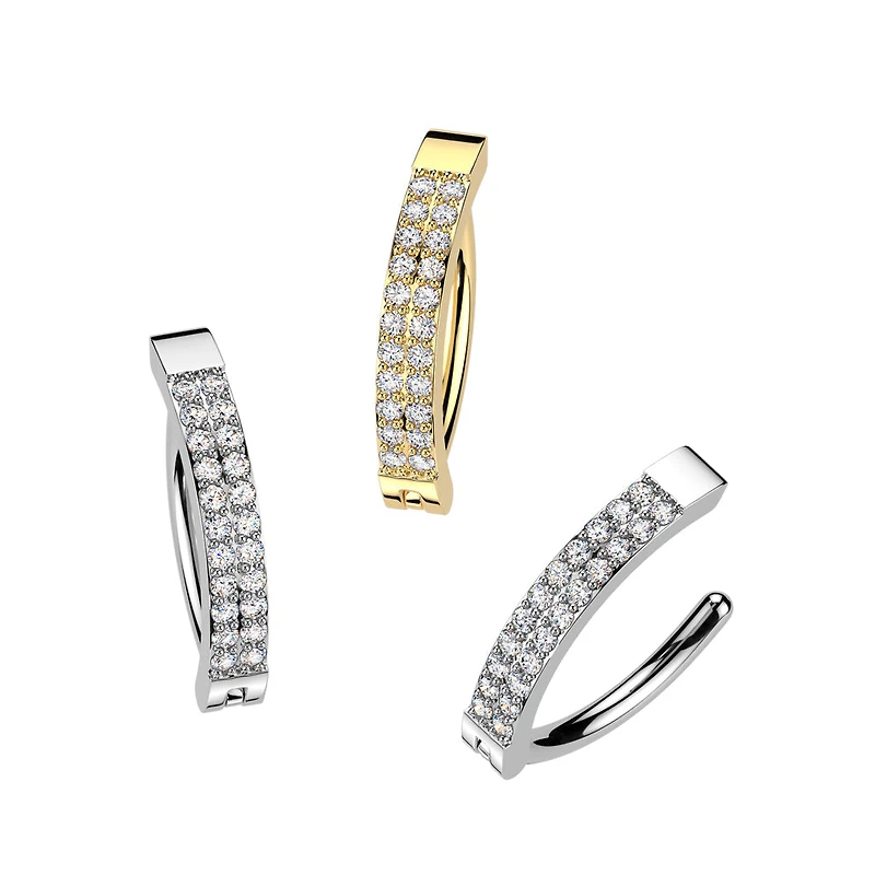 316L Surgical Steel Gold PVD White CZ Double Line Hinged Clicker Belly Ring