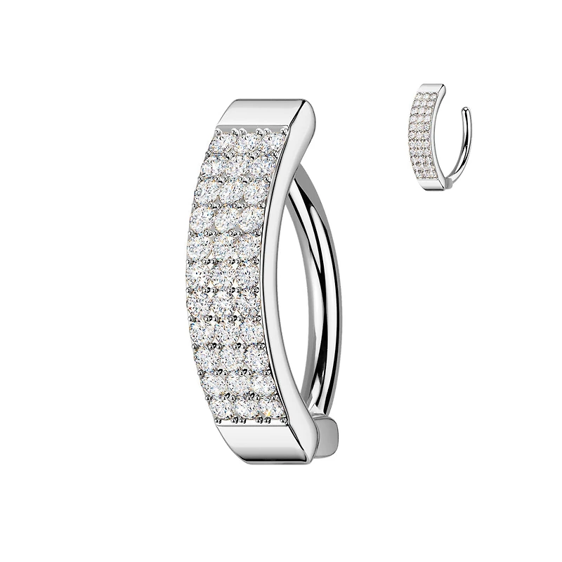 316L Surgical Steel White CZ Wide Triple Line Pave Hinged Clicker Belly Ring