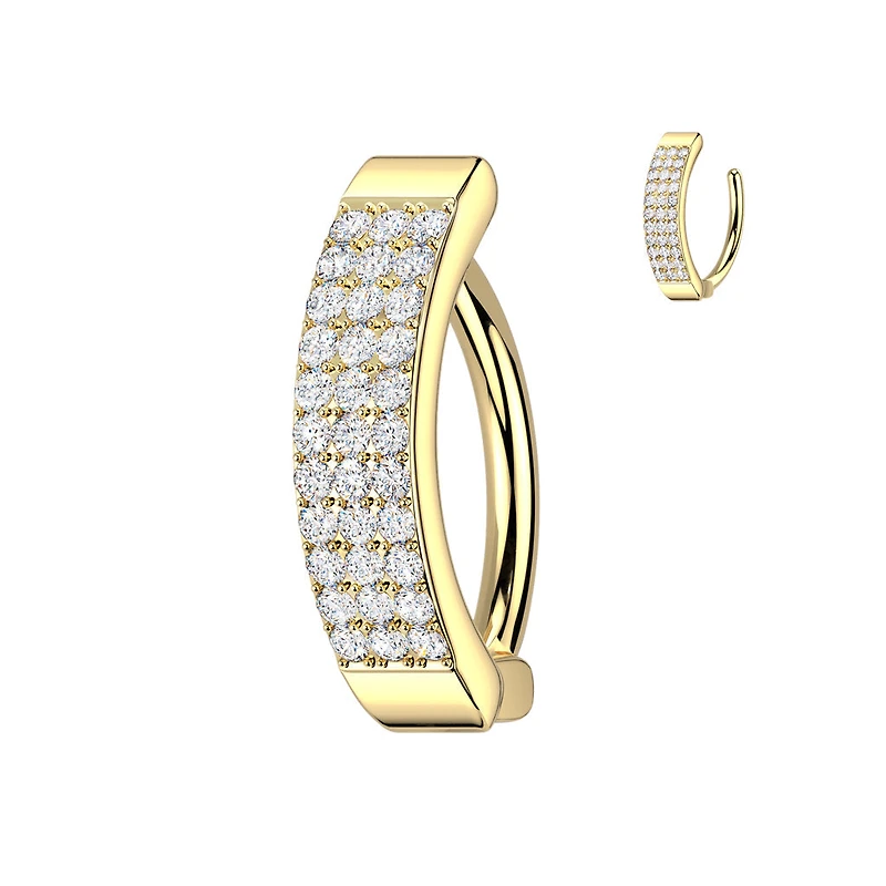 316L Surgical Steel Gold PVD CZ Wide Triple Line Pave Hinged Clicker Belly Ring