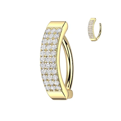 316L Surgical Steel Gold PVD CZ Wide Triple Line Pave Hinged Clicker Belly Ring