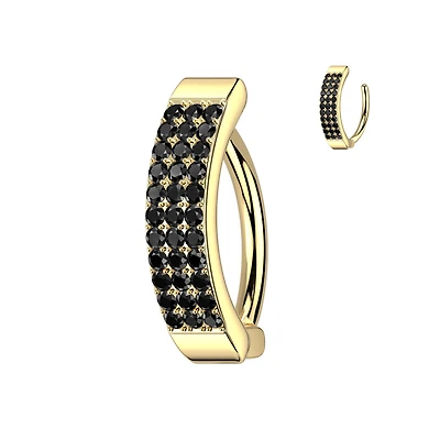 316L Surgical Steel Gold PVD Black CZ Wide Triple Line Pave Hinged Clicker Belly Ring