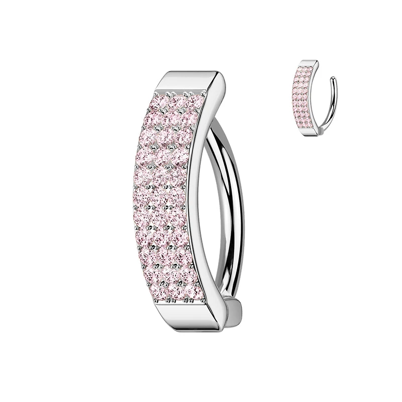 316L Surgical Steel Pink CZ Wide Triple Line Pave Hinged Clicker Belly Ring
