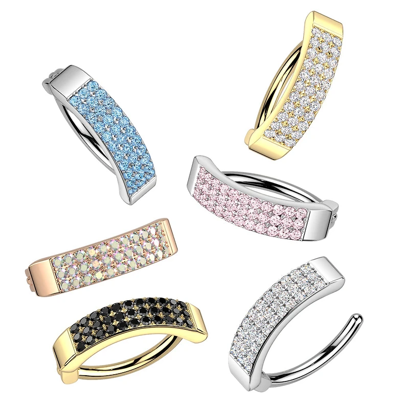 316L Surgical Steel CZ Wide Triple Line Pave Hinged Clicker Belly Ring