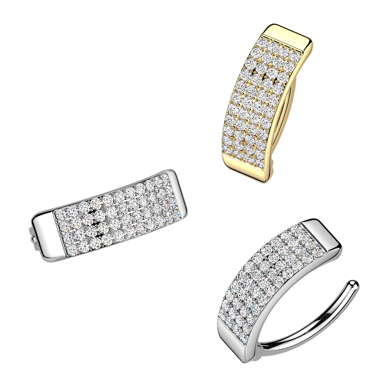 316L Surgical Steel Gold PVD Thick 4 Row White CZ Pave Hinged Clicker Belly Ring
