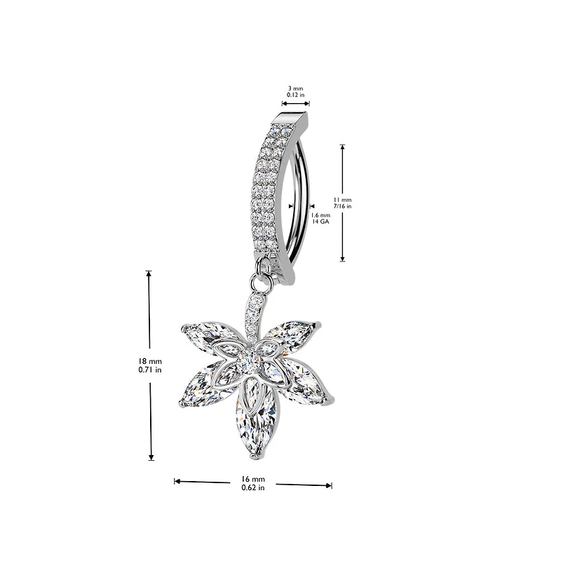 316L Surgical Steel White CZ Pave Leaf Dangle Hinged Clicker Belly Ring