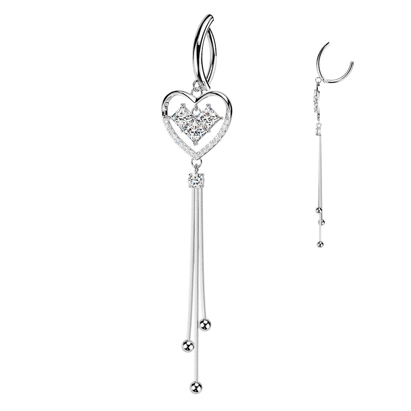 316L Surgical Steel White CZ Square Gem Heart Dangle Hinged Clicker Belly Ring