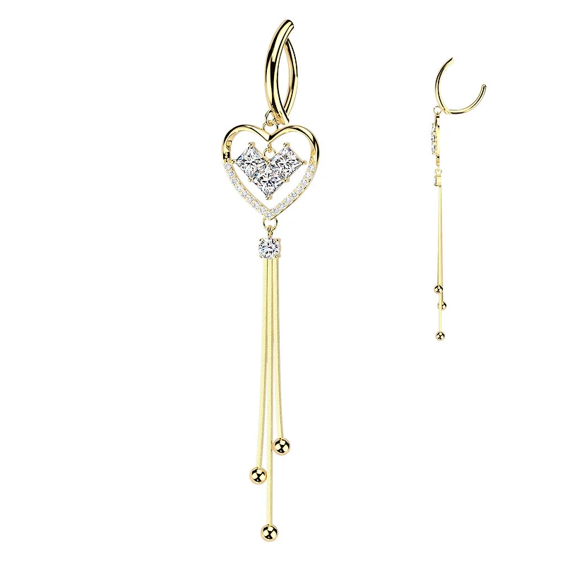 316L Surgical Steel Gold PVD White CZ Square Gem Heart Dangle Hinged Clicker Belly Ring