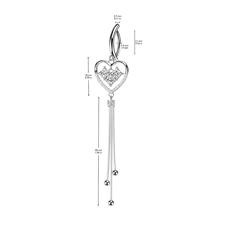 316L Surgical Steel White CZ Square Gem Heart Dangle Hinged Clicker Belly Ring