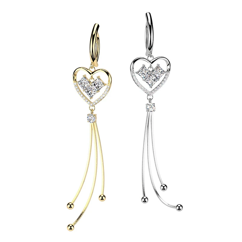 316L Surgical Steel Gold PVD White CZ Square Gem Heart Dangle Hinged Clicker Belly Ring