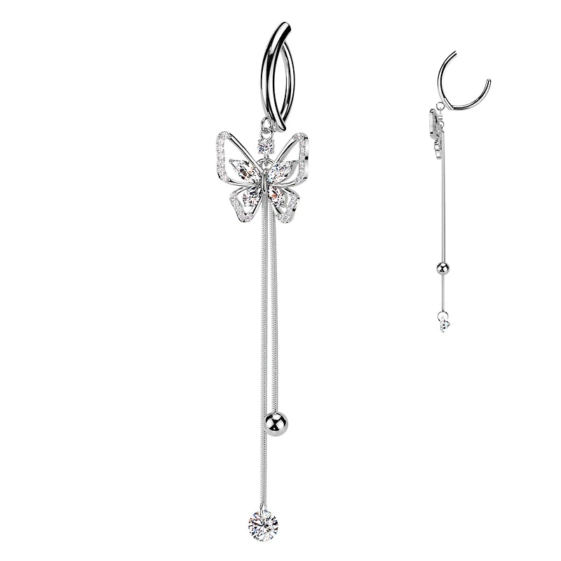316L Surgical Steel White CZ Butterfly Dangle Hinged Clicker Belly Ring