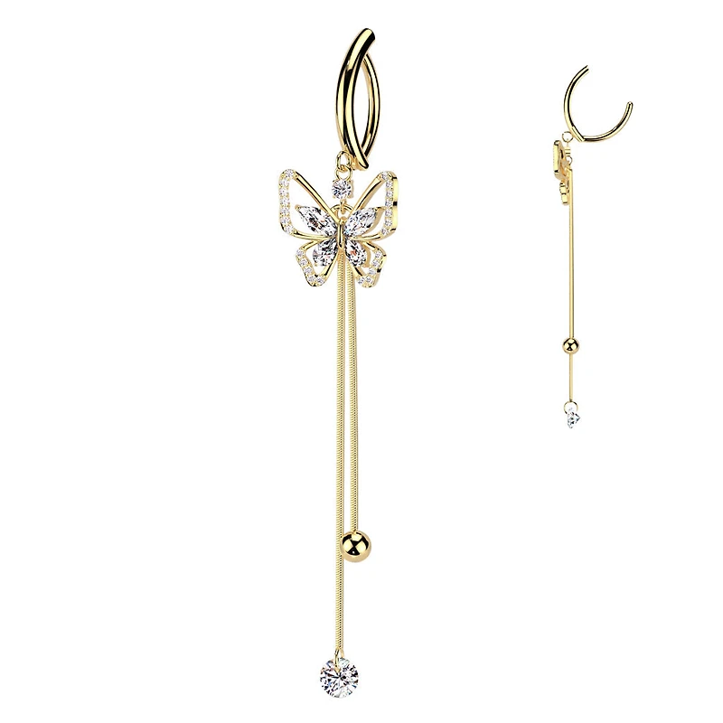 316L Surgical Steel Gold PVD White CZ Butterfly Dangle Hinged Clicker Belly Ring