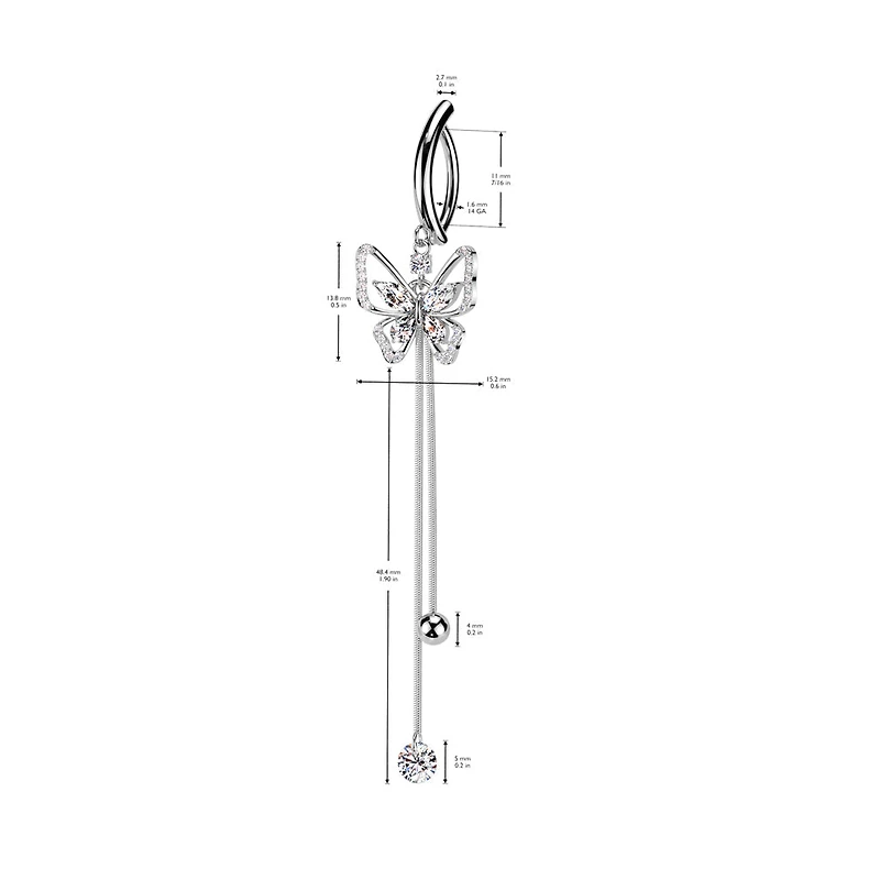 316L Surgical Steel White CZ Butterfly Dangle Hinged Clicker Belly Ring