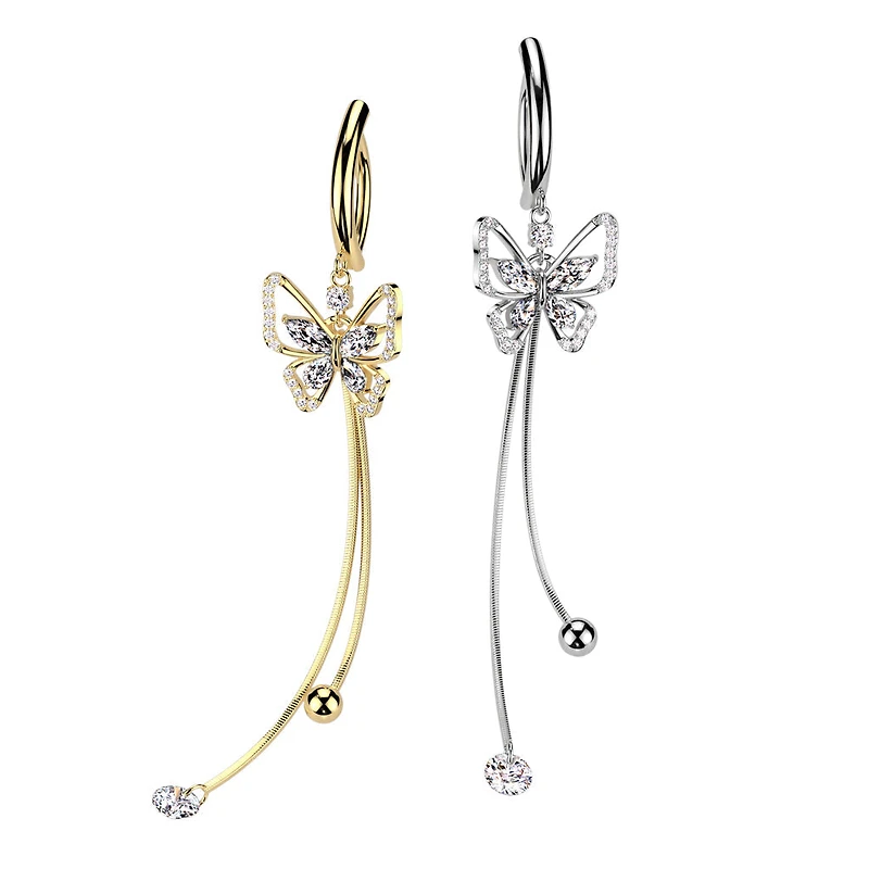316L Surgical Steel Gold PVD White CZ Butterfly Dangle Hinged Clicker Belly Ring