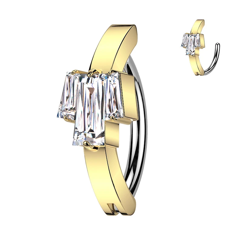 316L Surgical Steel Gold PVD White CZ Baguette Gem Cluster Hinged Clicker Belly Ring