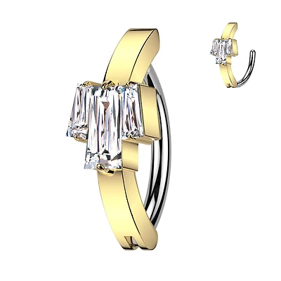 316L Surgical Steel Gold PVD White CZ Baguette Gem Cluster Hinged Clicker Belly Ring