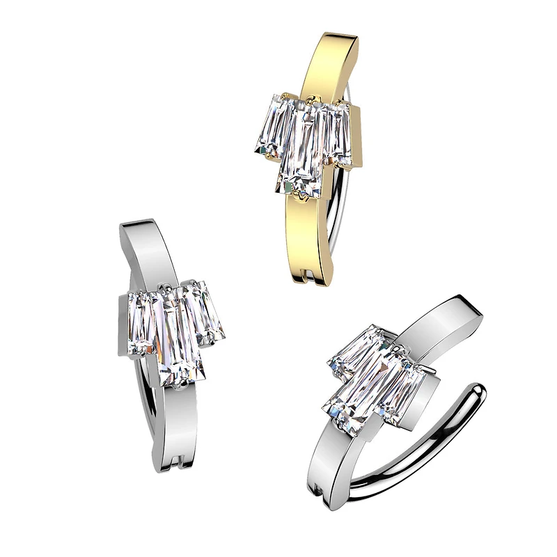 316L Surgical Steel White CZ Baguette Gem Cluster Hinged Clicker Belly Ring