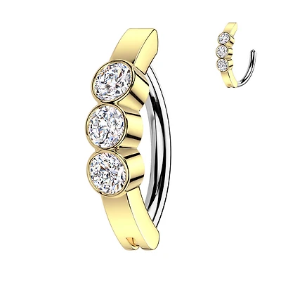 316L Surgical Steel Gold PVD White CZ Bezel Hinged Clicker Belly Ring