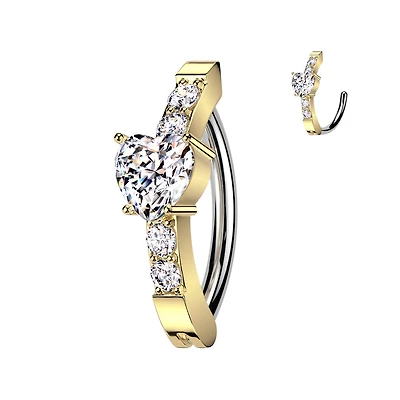 316L Surgical Steel Gold PVD White CZ Heart Studded Hinged Clicker Belly Ring