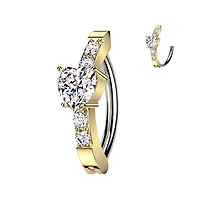316L Surgical Steel Gold PVD White CZ Heart Studded Hinged Clicker Belly Ring